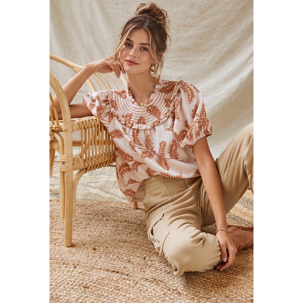 ANTHROPOLOGIE CURRENT AIR Women's Top Blouse MEDIUM Smocked Palm Print Linen